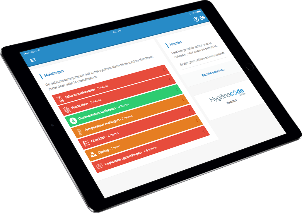 Hygiënecode Online op een tablet met taken en registratiemodules