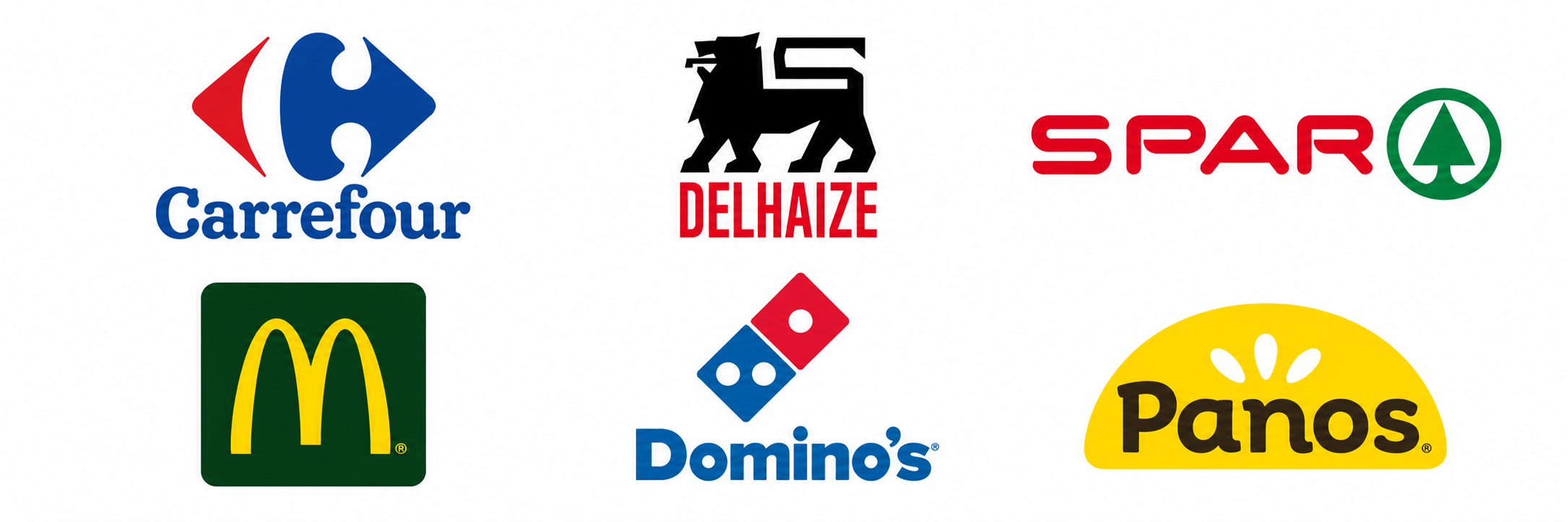 Logo’s van Carrefour, Delhaize, Spar, McDonald’s, Domino’s en Panos